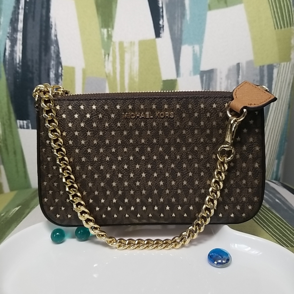 Michael Kors Medium Chain Pouchette Clutch In Brown Stars